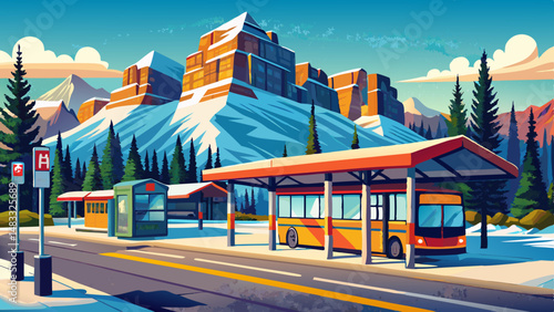 Banff High School Transit Hub bus stop. Banff Avenue in a snowy sunny day. Canadian Rockies. Banff, Canada very beautiful