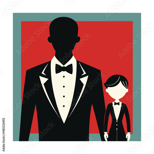 Retro illustration of a man and child dressed in formal tuxedos against a red background.