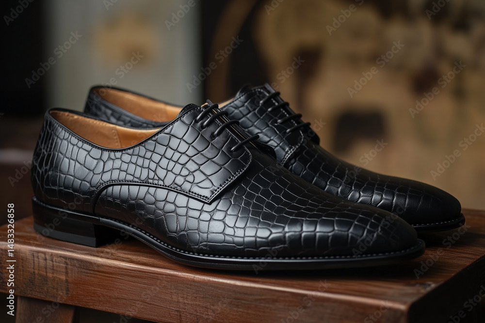 Closeup Of Stylish Leather Shoes On Wooden Table Closeup Of Stylish Leather Shoes On Wooden Table