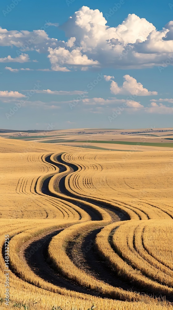 Naklejka premium Golden field winding road
