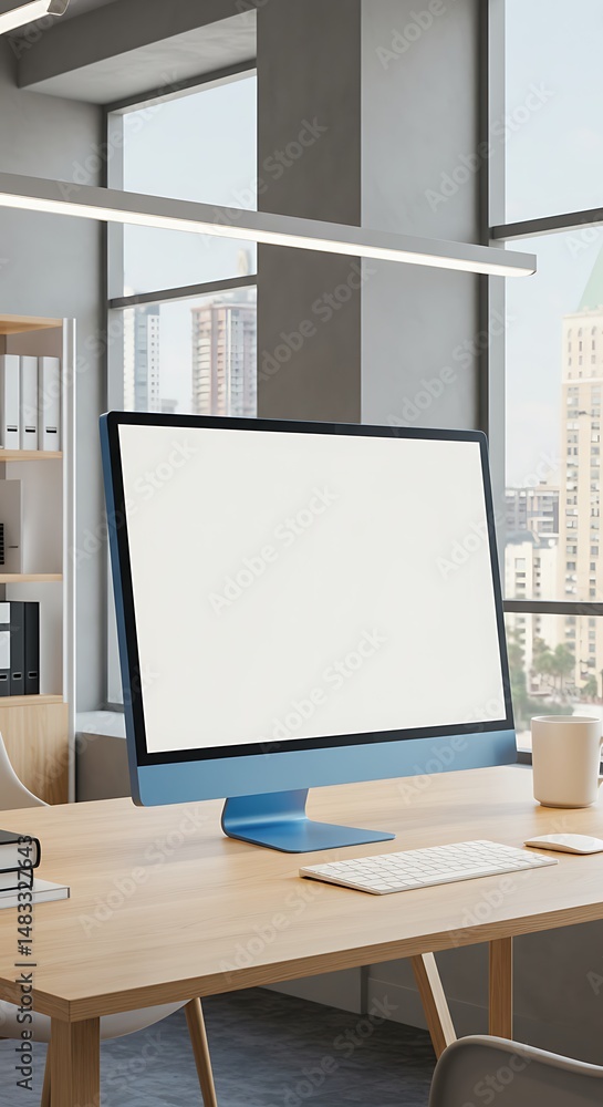 Obraz premium Modern Office: Desk, Computer, City View