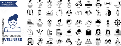 Wellness icon set in duotone style. Healthcare icon set featuring mental health, work-life balance, self-love, meditation and more. Vector illustration