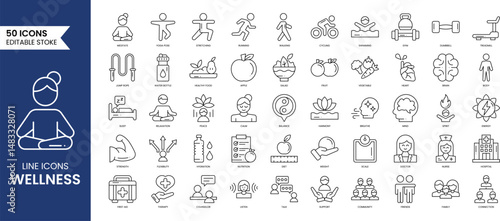 Wellness line editable icon set. Healthcare icon set featuring mental health, work-life balance, self-love, meditation and more. Vector illustration