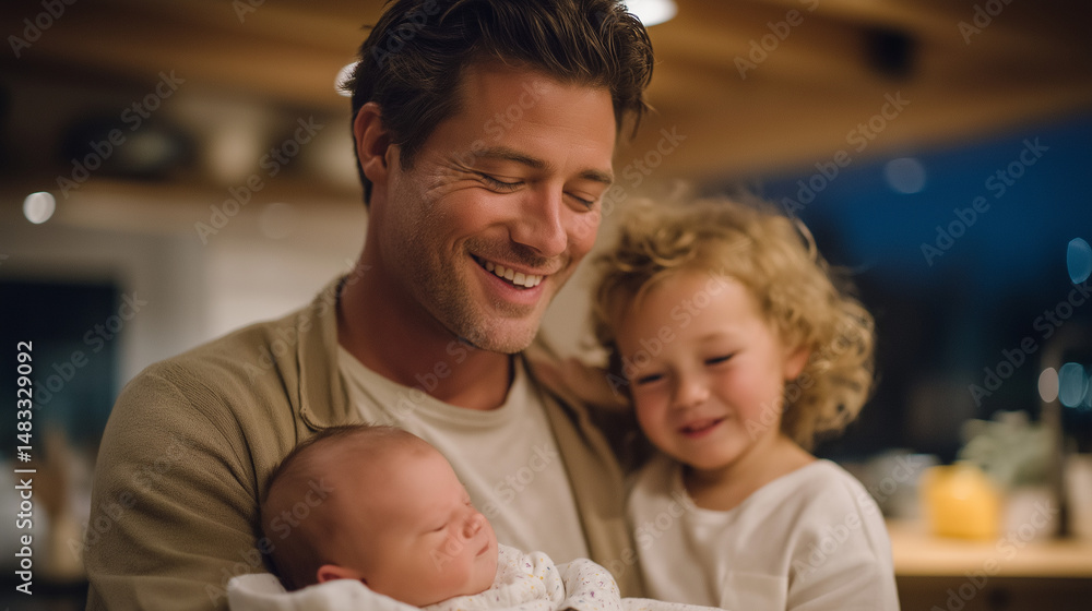 Fototapeta premium A heartwarming family moment with a newborn and sibling in the kitchen