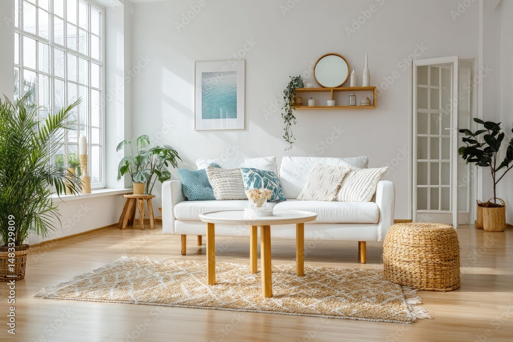 Obraz premium Bright Modern Scandinavian Living Room — Minimalist Interior with Cozy Decor and Natural Light