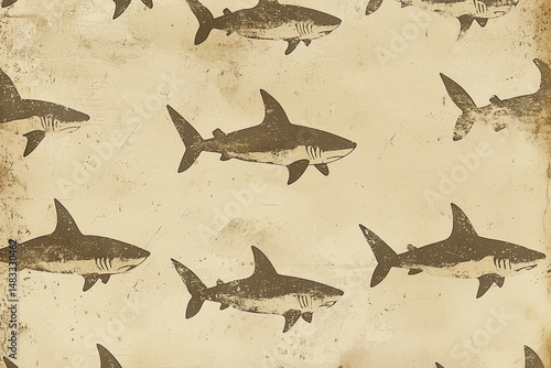 Vintage wallpaper featuring a uniform pattern of small shark silhouettes