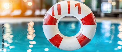 Close-up of a safety life ring in a swimming pool.