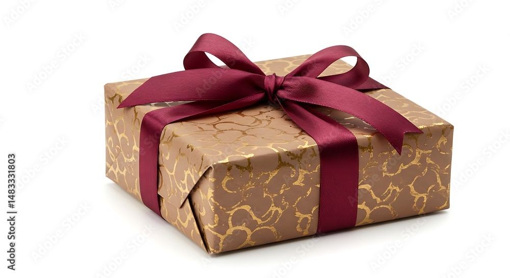 Obraz premium Elegantly wrapped gift box boasts rich maroon ribbon against subtly patterned kraft paper. AI Generated