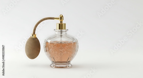 Elegant glass perfume atomizer sits bathed in soft light against a bright white background. AI Generated