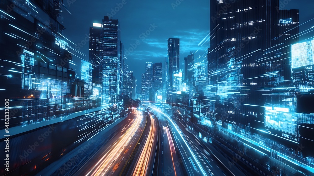 Fototapeta premium Futuristic Cityscape: Data Streams and Night Traffic