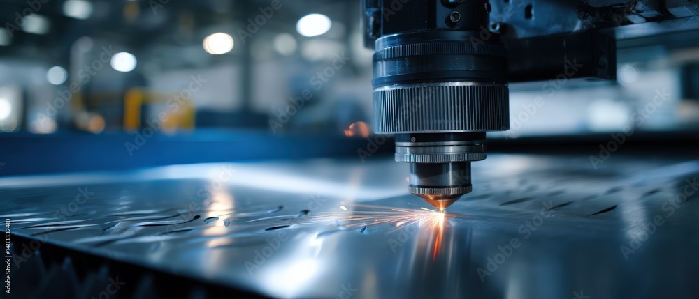 Automated laser cutting machine precisely cutting metal sheet with bright sparks in industrial manufacturing factory Concept of precision, technology, and engineering Automated laser cutting machine precisely cutting metal sheet with bright sparks in industrial manufacturing factory Concept of precision, technology, and engineering