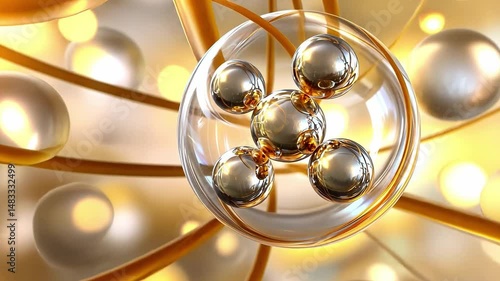 Abstract golden spheres in motion with light reflections and smooth flowing shapes