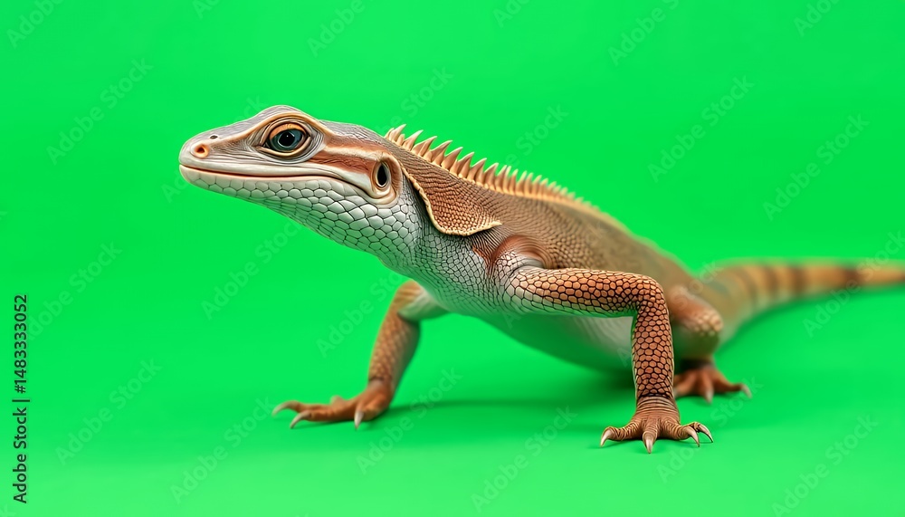 Obraz premium Detailed Close Up of Brown Lizard Isolated on a Vivid Green Screen Background Ready for Visual Effects