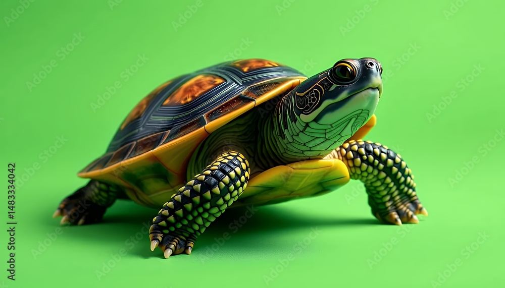 Fototapeta premium Eye Level Close Up of a Multi Colored Turtle Isolated on a Green Screen Background With Detailed Shell and Patterned Skin in Studio Lighting Perfect for Educational Content