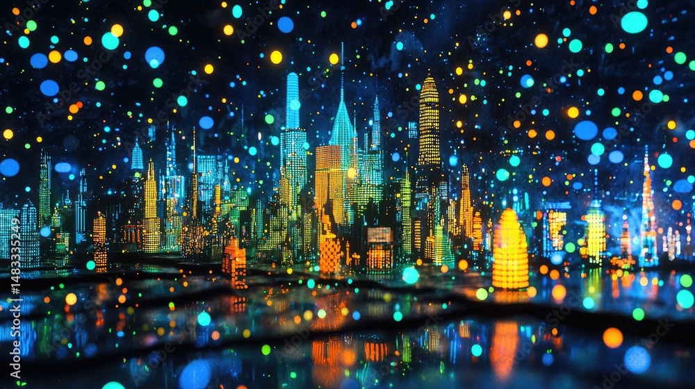 Colorful, futuristic cityscape reflected in a shimmering pool. Colorful, futuristic cityscape reflected in a shimmering pool.