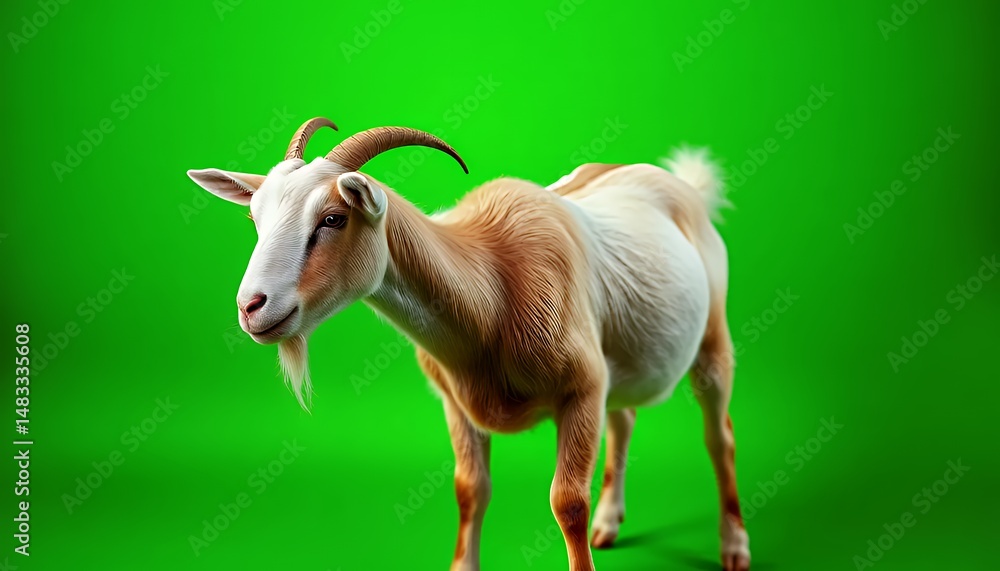 Fototapeta premium Isolated Goat Profile on Green Screen Showing Creamy White and Light Brown Fur With Curved Horns