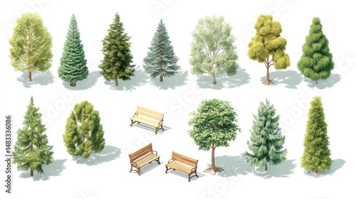 Isometric park elements. Various trees and benches