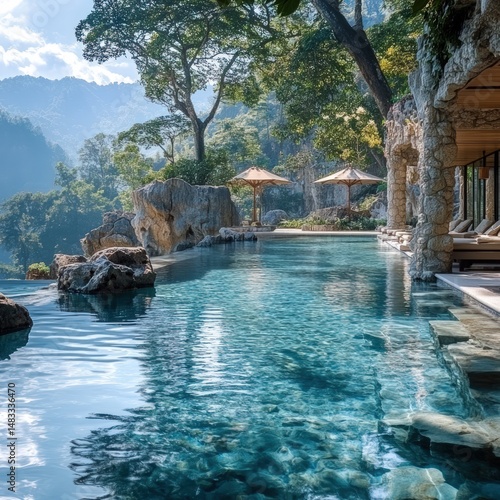 Luxurious infinity pool nestled in a mountainside paradise. Surrounded by lush greenery, rocks, and a tranquil atmosphere