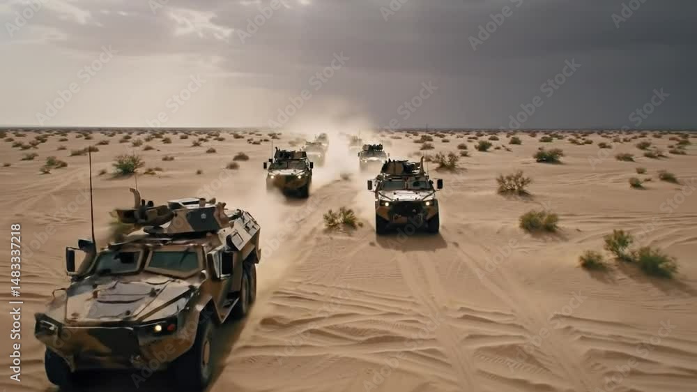 Military vehicles driving in desert landscape under cloudy sky Military vehicles driving in desert landscape under cloudy sky