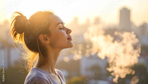 Una mujer con los ojos cerrados respirando aire puro relajada en un entorno de ciudad limpia y sin contaminación, una escena de calma, salud y bienestar