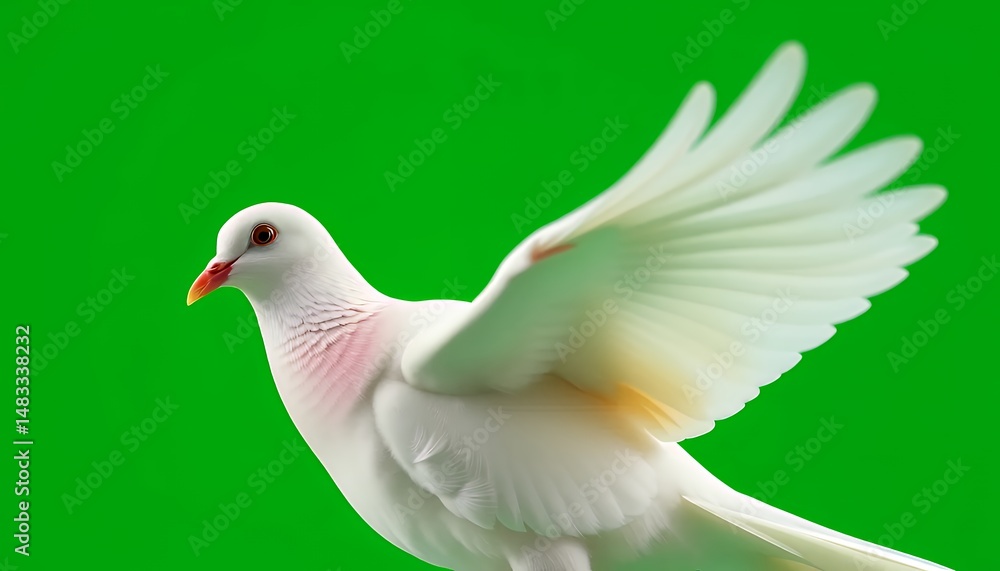 Fototapeta premium White Dove Flapping Wings Isolated on Green Screen Background Symbolizing Peace and Hope in Seamless Integration Perfect for Decoration