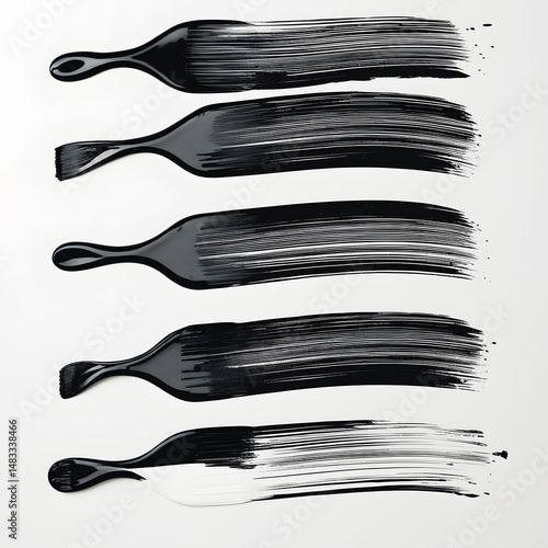 Set of black acrylic paint brush strokes, artistic abstract brush marks collection on white background, textured paint smears, grunge brush textures, creative art elements, isolated strokes pack