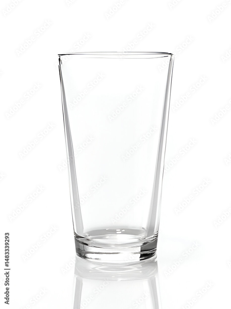 Empty clear glass beverage container stands on a white reflective surface Empty clear glass beverage container stands on a white reflective surface