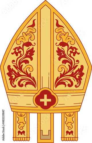 Traditional Gold Bishop Mitre Vector with Red Cross and Baroque Floral Embellishments – Catholic Clergy Hat Illustration