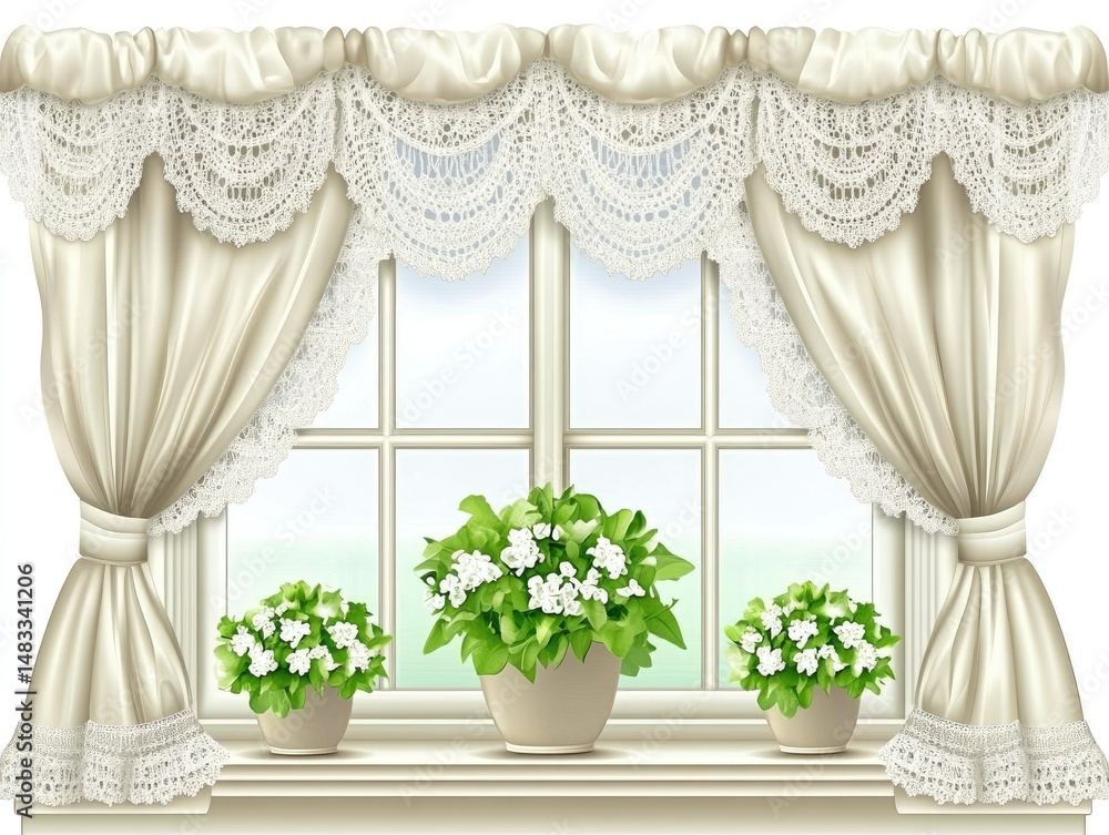 Fototapeta premium Elegant window with lace curtains and potted plants.