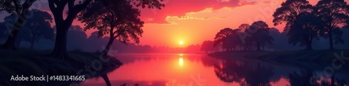 Silhouetted trees frame vibrant sunset, still water mirrors colors , lake, eventide