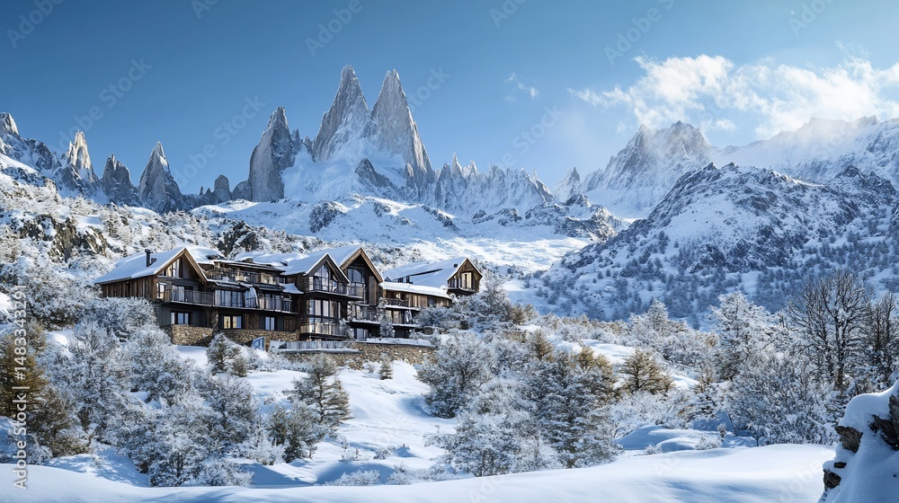 Fototapeta premium Snowy mountain resort complex