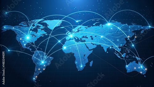 World map on a technological background, glowing lines symbols of the Internet, world map newtwork.