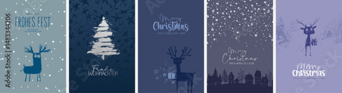 5 moderne und niedliche Weihnachtskarten Motive (Din Format) "Frohes Fest", "Frohe Weihnachten", "Merry Christmas". Schöne Typo, Font & Symbol komplett als Pfade