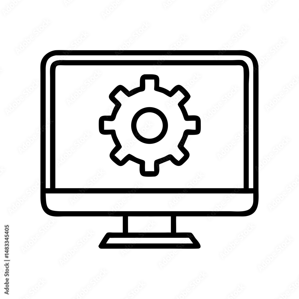 Monitor with Gear Icon Representing System Settings and Technical Configuration Monitor with Gear Icon Representing System Settings and Technical Configuration