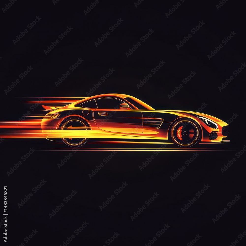 Dynamic illustration of a fast luxury car driving through a sleek black background with vibrant orange trails Dynamic illustration of a fast luxury car driving through a sleek black background with vibrant orange trails