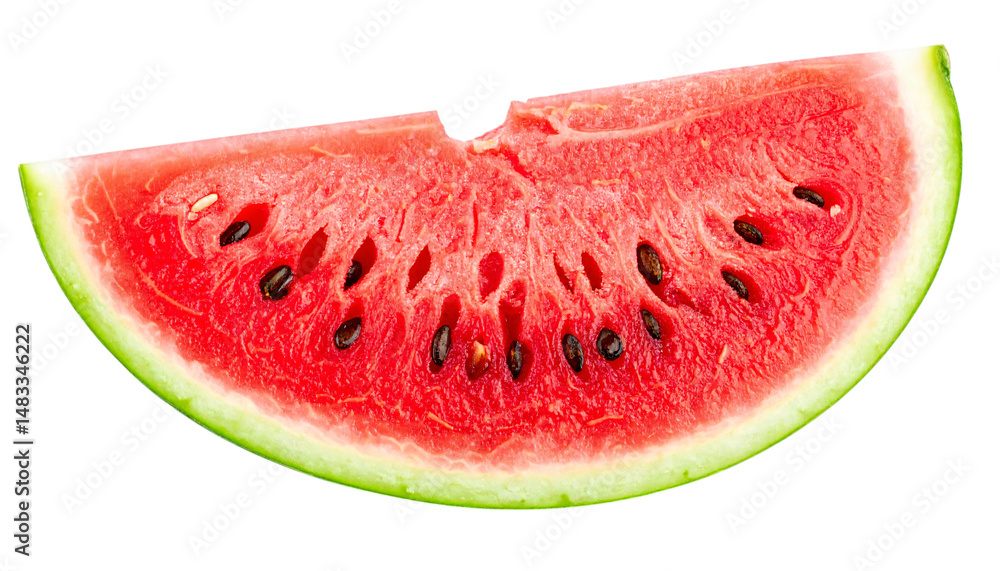 Half-circle watermelon slice close-up, red flesh/black & white seeds, green rind, white background or png. Half-circle watermelon slice close-up, red flesh/black & white seeds, green rind, white background or png.