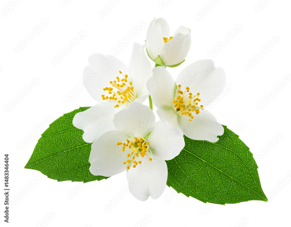 Obraz premium Elegant jasmine flowers close-up, white petals, yellow stamens, vibrant green leaves, white background or png.
