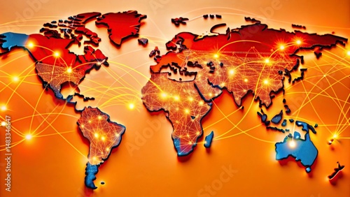 World map on a technological background, glowing lines symbols of the Internet, world map newtwork.