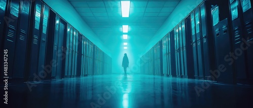 Empty school hallway shrouded in ethereal light.