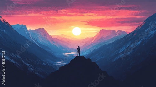 Solitary figure atop mountain peak at vibrant sunrise