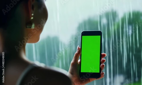 Rainy Day Mobile: A woman gazes out a rain-streaked window, holding a smartphone with a vibrant green screen. The image evokes feelings of contemplation and connection, even amidst a stormy day.