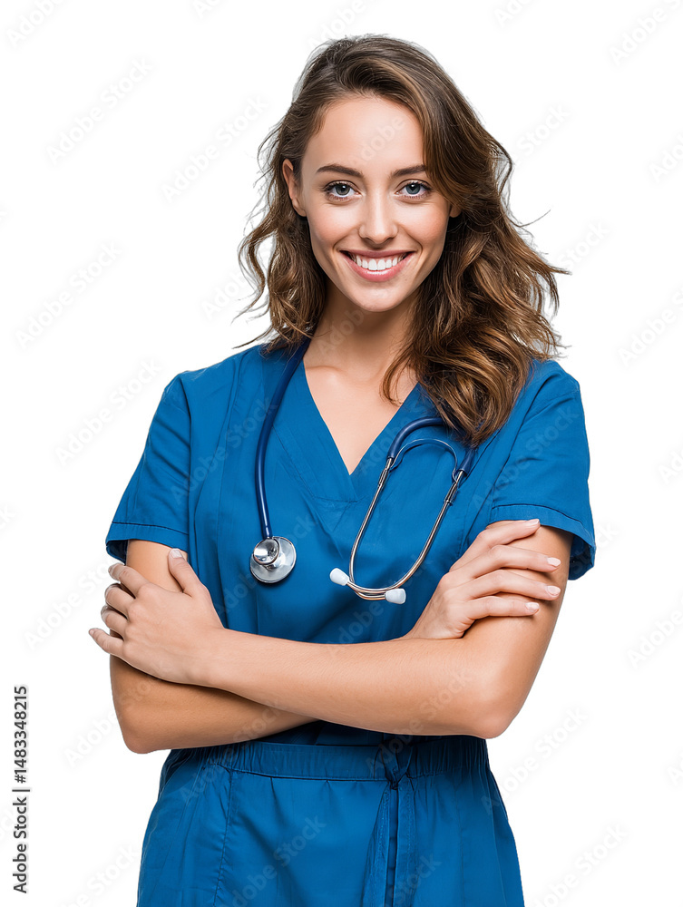 Smiling female doctor wearing blue scrubs with a stethoscope female physician on a transparent background isolated white background Smiling female doctor wearing blue scrubs with a stethoscope female physician on a transparent background isolated white background