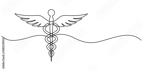 Medical symbol caduceus. Continuous One line drawing, One Continuous line drawing of Caduceus as a symbol of medicine. Thin curls and romantic symbols in simple linear style. Minimalistic Doodle pro.