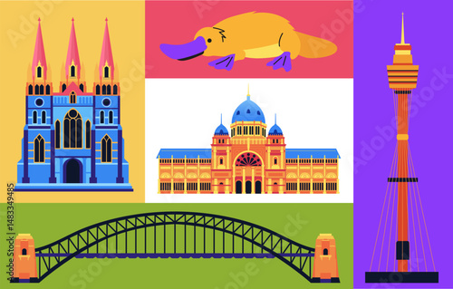 Architecture and animals of Australia - set of flat design style colorful illustrations