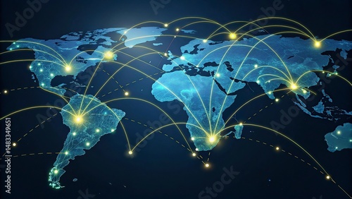 World map on a technological background, glowing lines symbols of the Internet, world map newtwork.