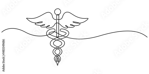 Medical symbol caduceus. Continuous One line drawing, One Continuous line drawing of Caduceus as a symbol of medicine. Thin curls and romantic symbols in simple linear style. Minimalistic Doodle pro.