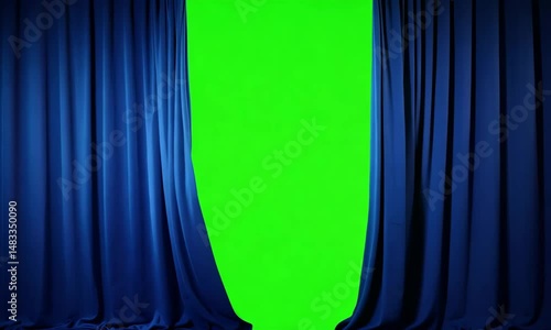 Blue Curtains Green Screen:  Dark blue velvet theater curtains are pulled apart to reveal a bright green screen, ready for your content.