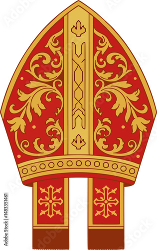 Red and Gold Bishop Mitre Vector with Ornate Cross and Baroque Floral Embroidery – Catholic Clergy Hat Illustration