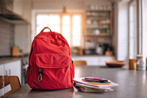 Red Backpack and School Supplies on Kitchen Table with Sunlit Background