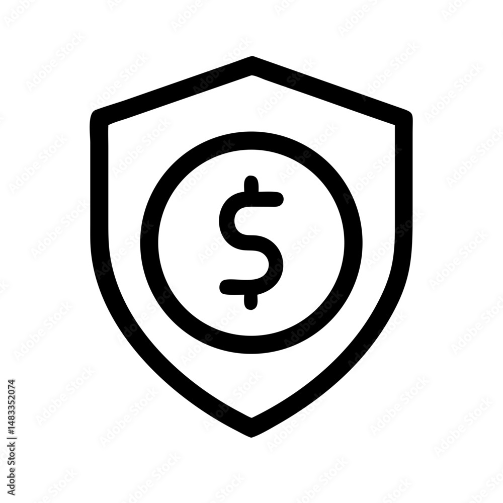 Risk Management Shield Icon – Dollar Protection:
Modern vector icon of a shield with a dollar sign, perfect for financial risk management, secure banking, and insurance visuals.